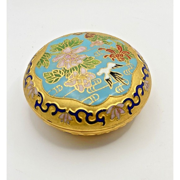 Vintage Cloisonné Gold Bird Floral Flowers Lidded Trinket Box Dish Used - Picture 4 of 12